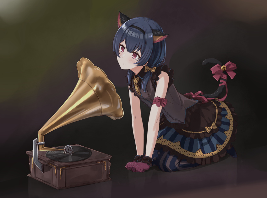 1girl, all_fours, animal_ears, bangs, bare_shoulders, bell, black_hair, black_hairband
