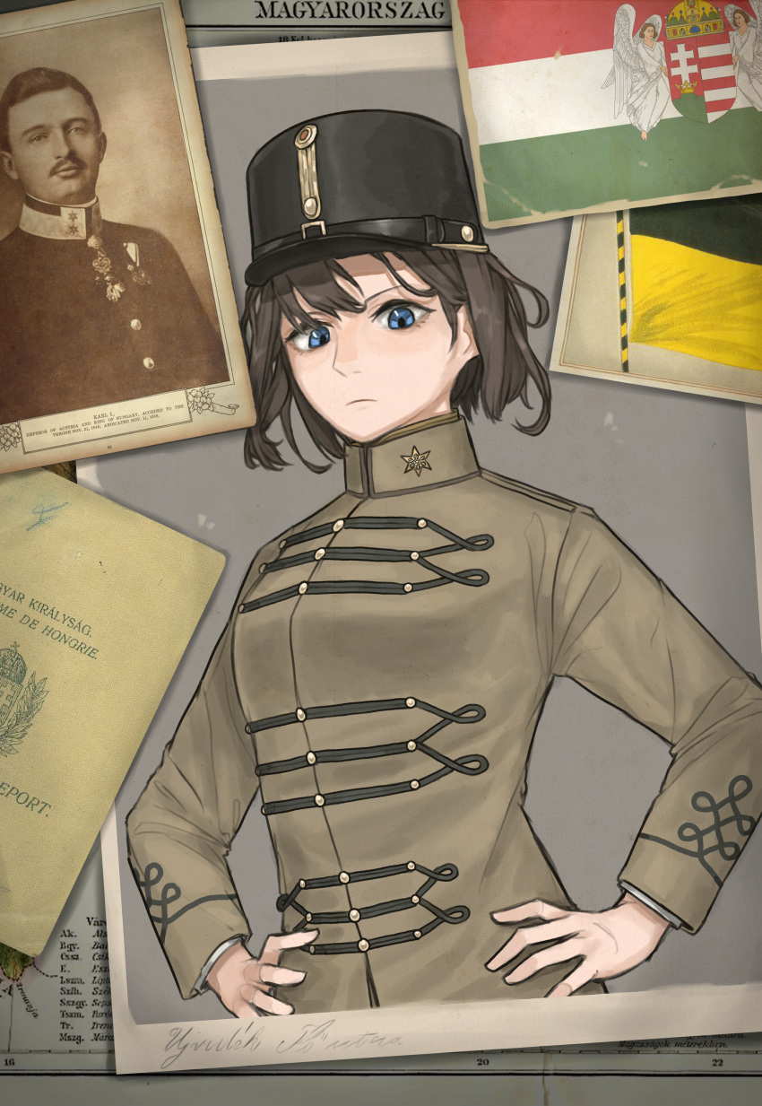 1boy, 1girl, absurdres, black_headwear, blue_eyes, breasts, brown_hair, closed_mouth