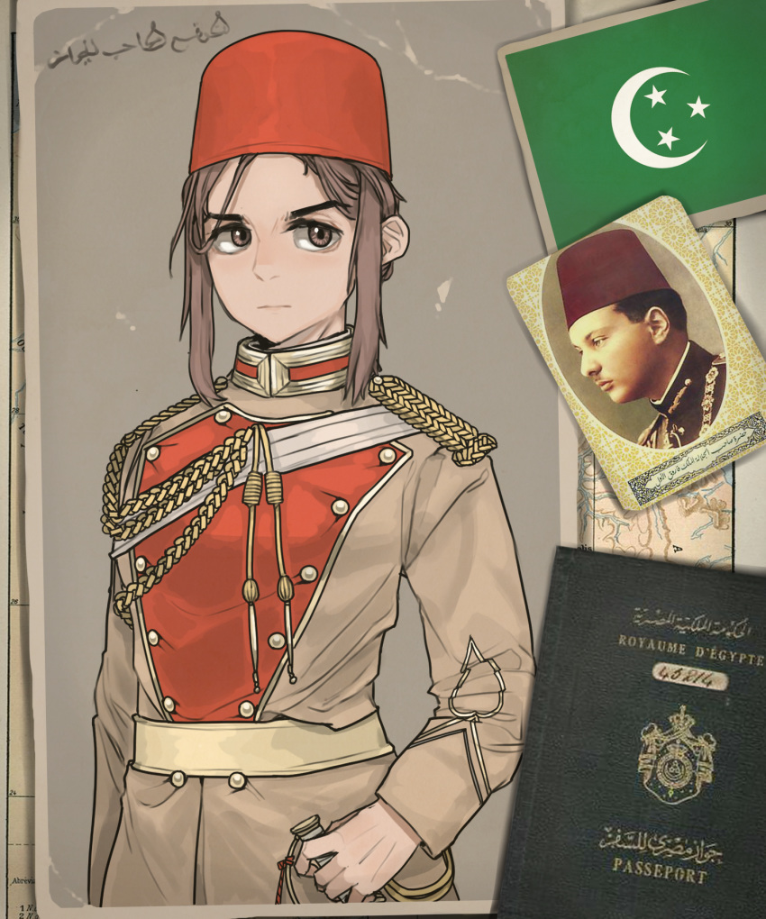 1boy, 1girl, brown_eyes, brown_hair, closed_mouth, expressionless, eyebrows_visible_through_hair, fez_hat