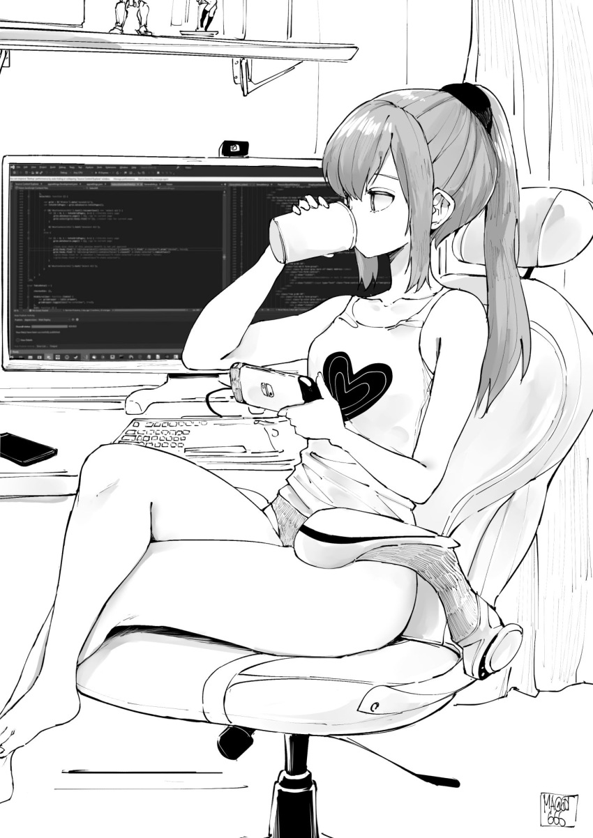 1girl, armchair, bangs, barefoot, camisole, cellphone, chair, commentary