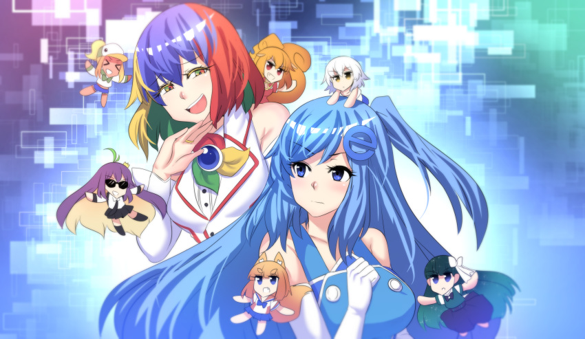 >o<, 6+girls, abstract_background, absurdres, animal_ears, bing, bing_(merryweather), black_bow