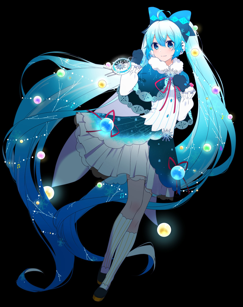 absurdres, black_background, blue_bow, blue_capelet, blue_gloves, blue_skirt, bow, capelet