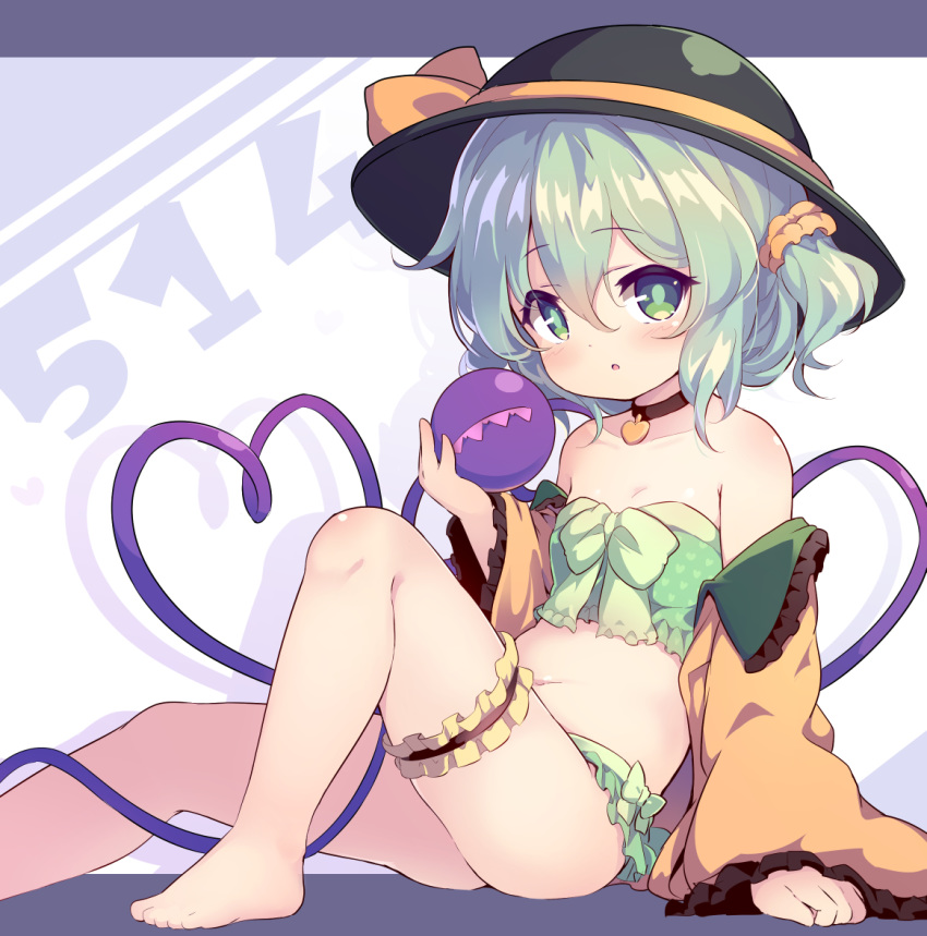 1girl, baku-p, bare_shoulders, barefoot, bikini, black_choker, black_headwear, bow, choker, flat_chest, green_bikini, green_eyes, green_hair, hair_between_eyes, hair_ornament, hair_scrunchie, hat, hat_bow, heart, heart_print, holding, komeiji_koishi, leg_garter, looking_at_viewer, medium_hair, off_shoulder, scrunchie, shirt, solo, strapless, strapless_bikini, swimsuit, third_eye, touhou, yellow_bow, yellow_shirt