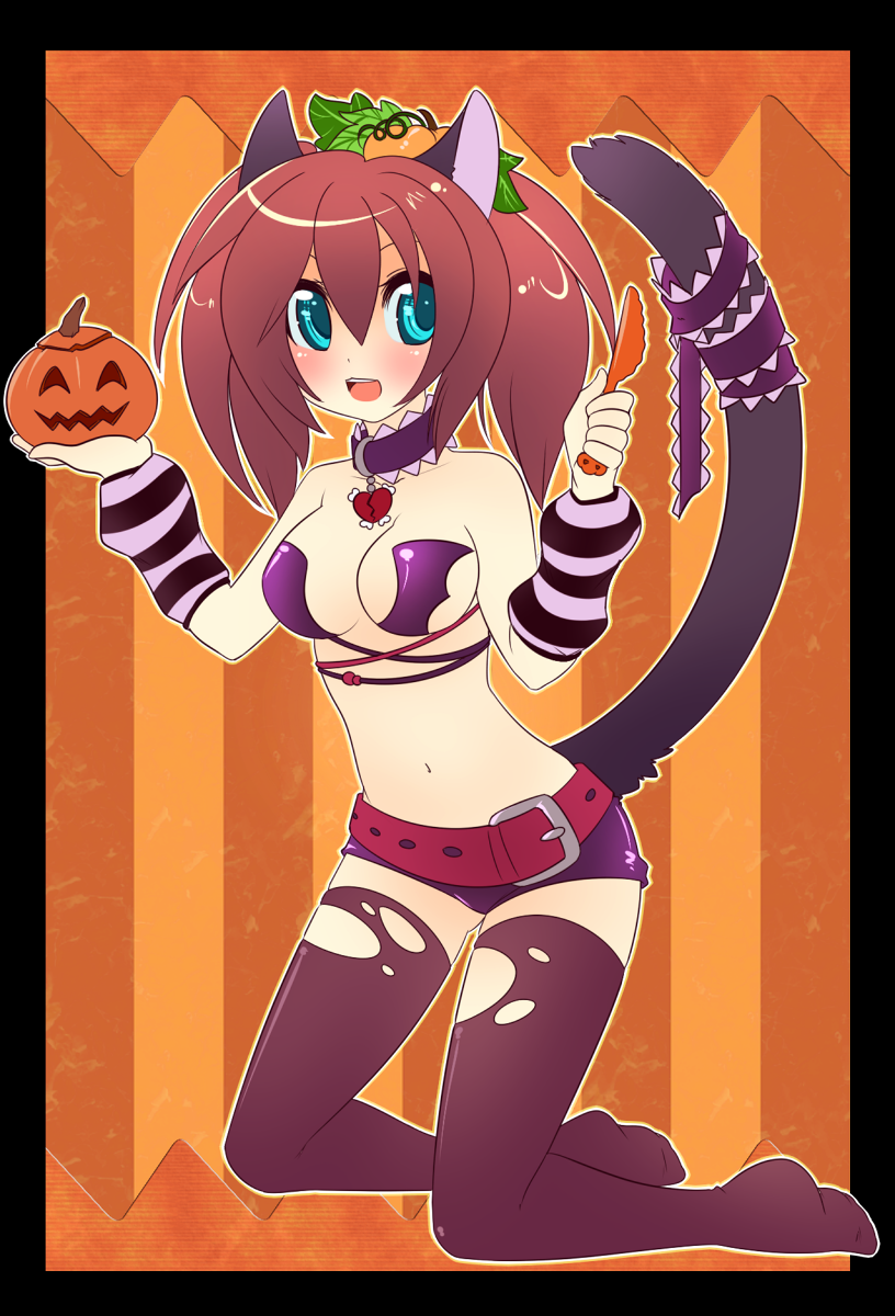 1girl, animal_ears, aqua_eyes, breasts, cat_ears, cat_tail, halloween, highres