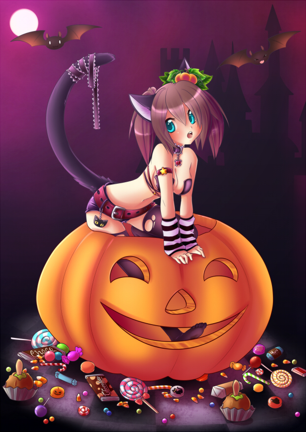 1girl, animal_ears, aqua_eyes, bat, black_legwear, breasts, brown_hair, candy