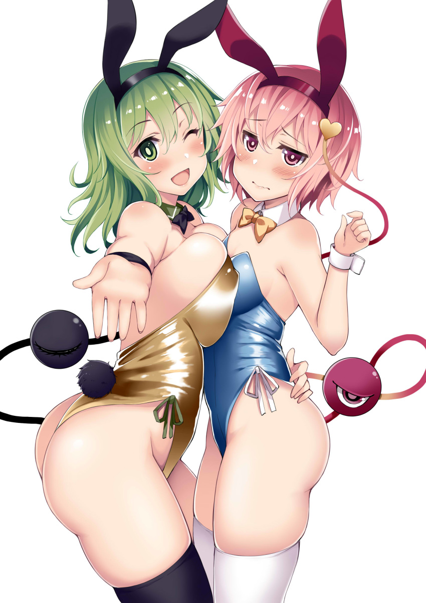 2girls, absurdres, animal_ears, ass, asymmetrical_docking, bare_shoulders, black_legwear, blue_leotard