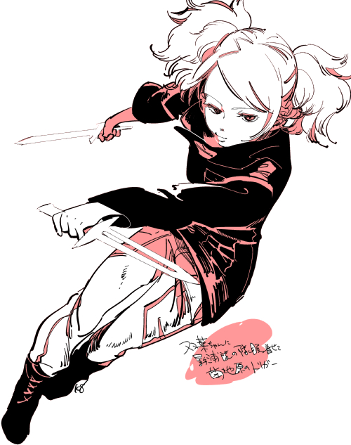 1girl, attack, bangs, boots, dual_wielding, full_body, holding, keihachi_(toutou_to), kuroe_futaba, long_sleeves, looking_at_viewer, monochrome, pants, red_eyes, red_theme, reverse_grip, short_sword, simple_background, solo, swept_bangs, sword, twintails, weapon, white_background, world_trigger