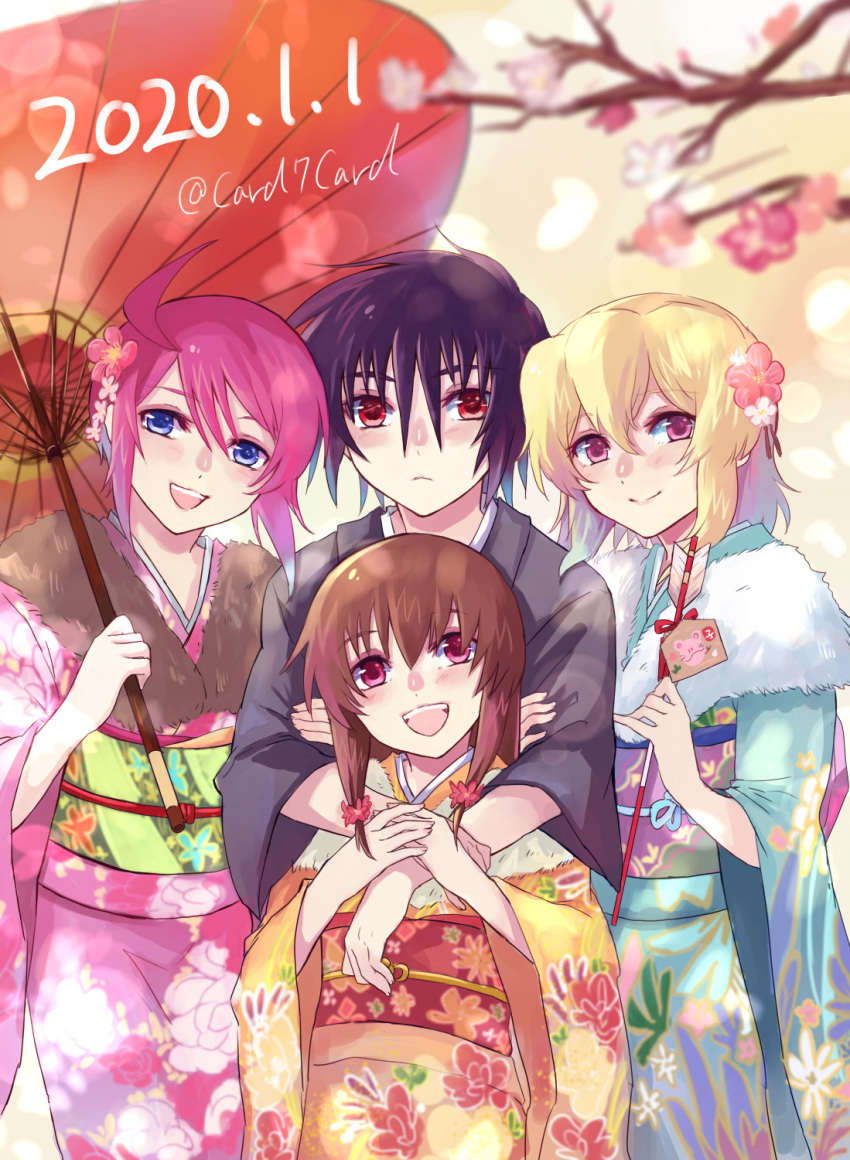 1boy, 2020, 3girls, :d, bangs, black_hair, black_kimono, blonde_hair