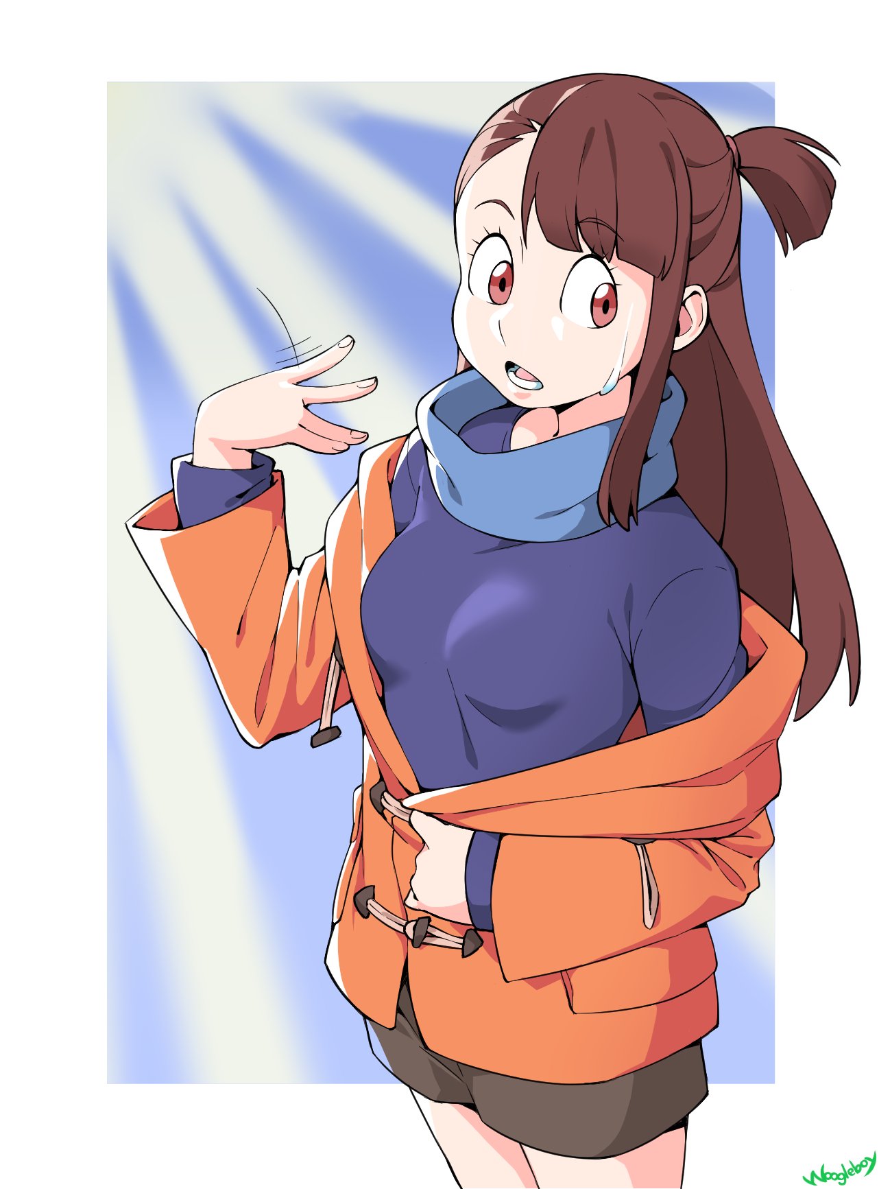 1girl, alternate_costume, artist_name, bangs, blue_sweater, brown_hair, brown_shorts, coat