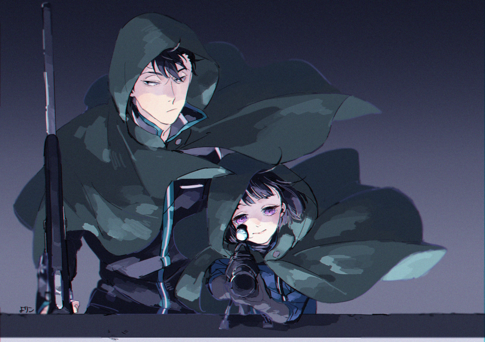 1boy, 1girl, aiming, aiming_at_viewer, amatori_chika, bangs, black_eyes, black_hair