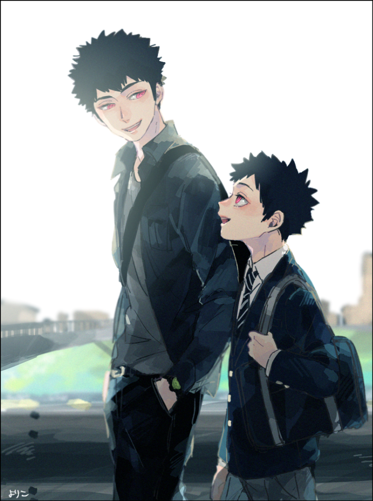 2boys, bag, belt, black_hair, black_jacket, black_pants, black_shirt, blazer