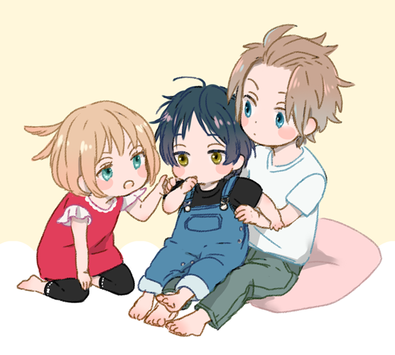 1girl, 2boys, :o, aqua_eyes, bangs, barefoot, black_hair, blue_eyes