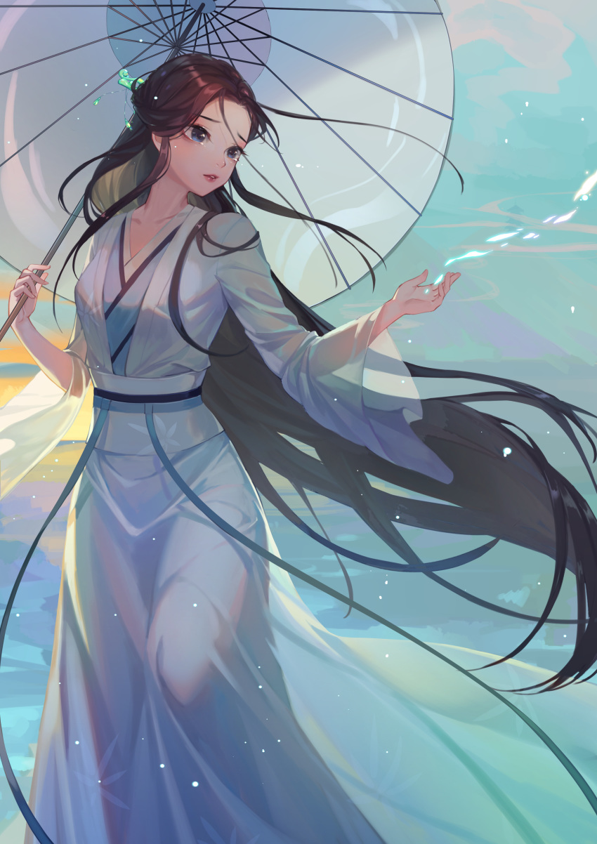1girl, absurdres, black_hair, blonde_hair, blue_eyes, breasts, brown_hair, character_request
