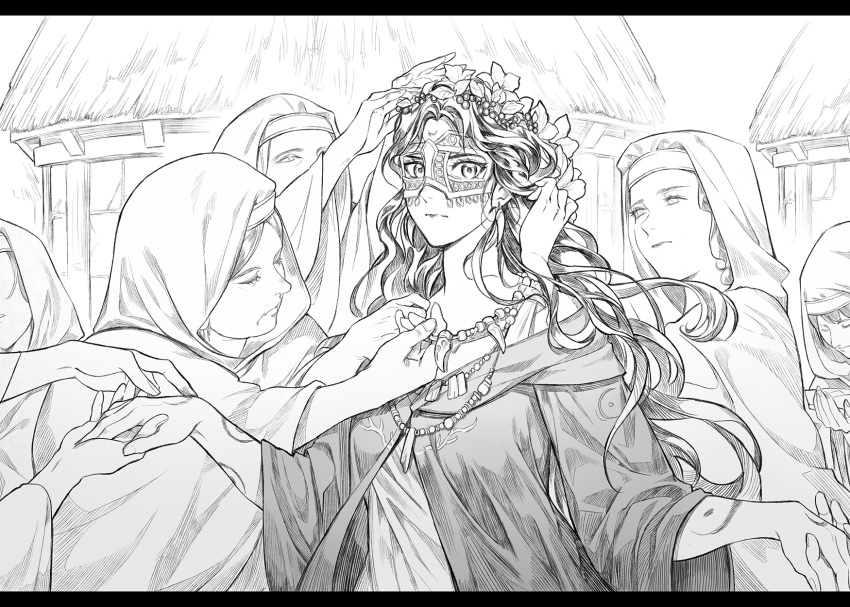 6+girls, adjusting_hair_ornament, arms_up, bead_necklace, beads, bodypaint, bowing, breasts