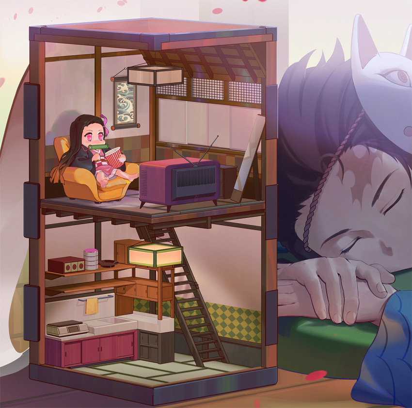 1boy, 1girl, armchair, attic, bamboo, barefoot, bit_gag, blue_kimono