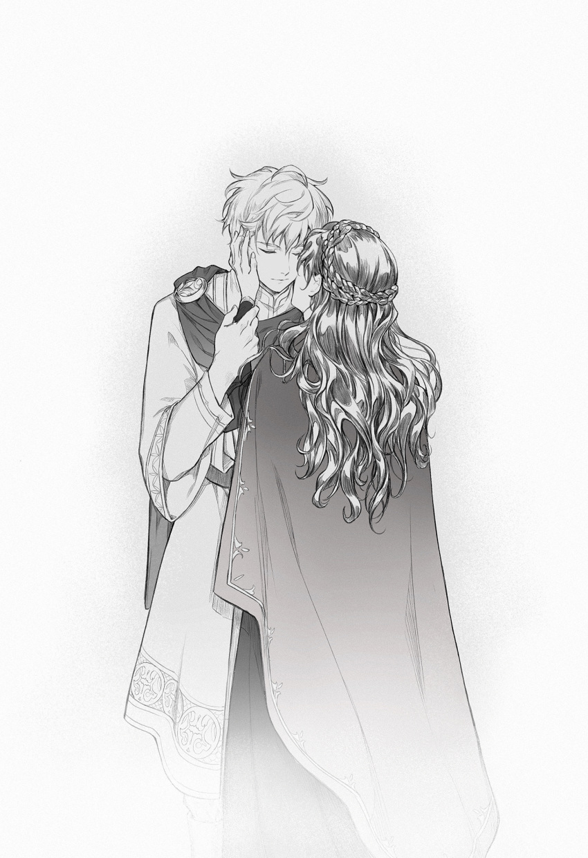 1boy, 1girl, braid, cape, closed_eyes, crown_braid, dress, facing_another