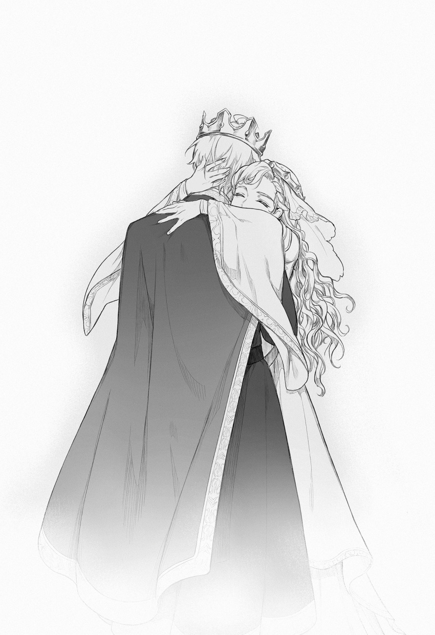 1boy, 1girl, ^_^, braid, braided_bangs, cape, closed_eyes, couple, covered_mouth, crown, dress, facing_viewer, feet_out_of_frame, greyscale, guinevere, hand_on_another's_head, hand_on_another's_shoulder, happy, hetero, highres, hug, jowell_she, king_arthur, long_hair, long_sleeves, monochrome, original, simple_background, standing, veil, wavy_hair, white_background