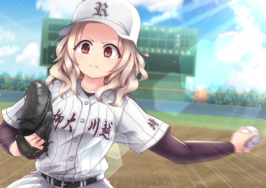 1girl, angry, baseball, baseball_cap, baseball_jersey, baseball_mitt, baseball_stadium, baseball_uniform