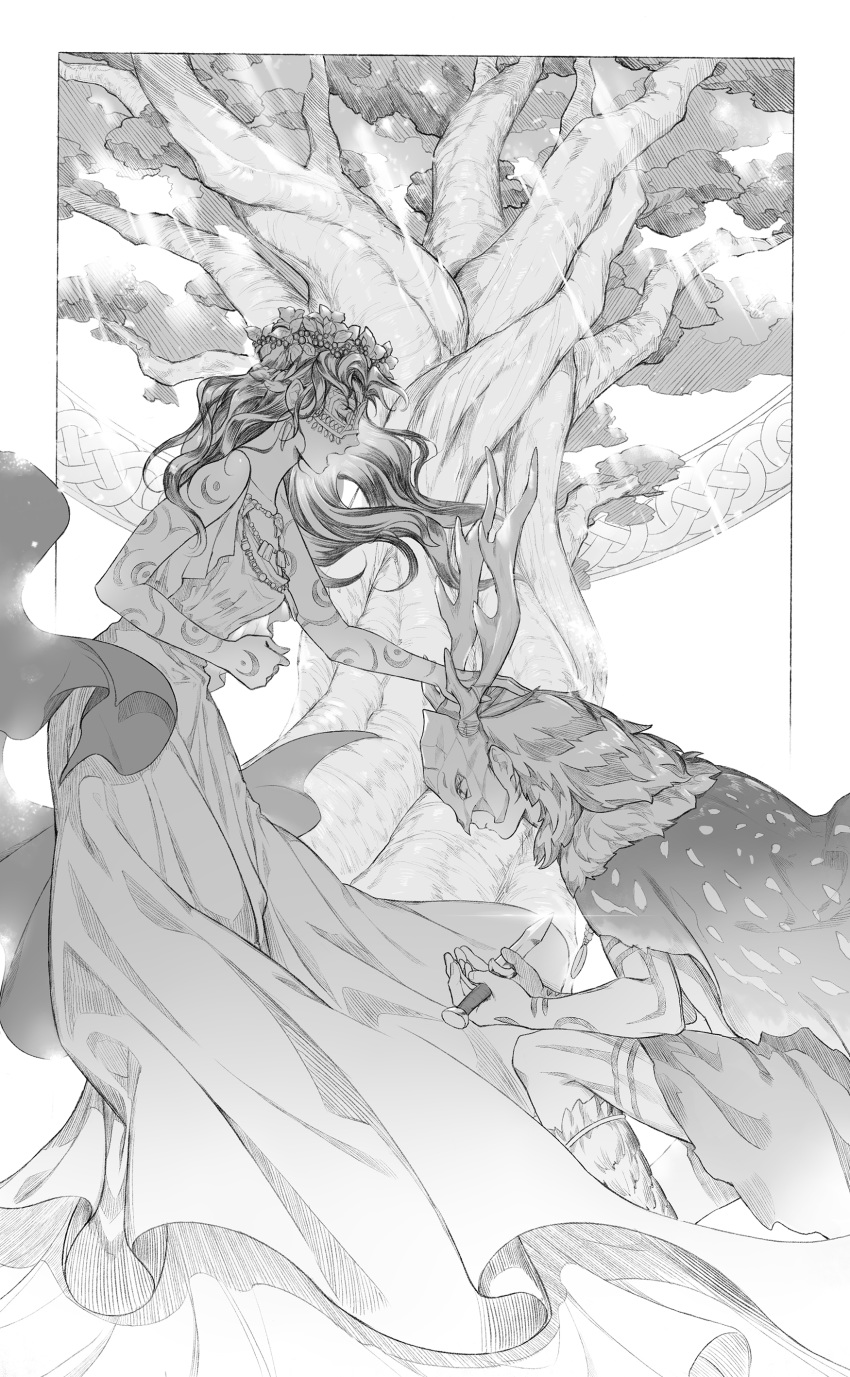 1boy, 1girl, absurdres, antlers, bare_arms, bare_shoulders, bodypaint, bowing