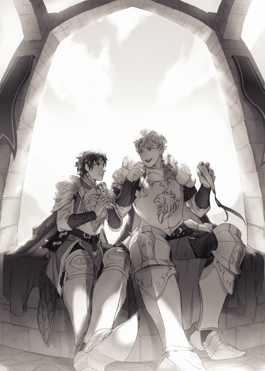 2boys, arch, arm_guards, armor, armored_boots, bangs, belt, black_hair