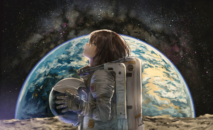 1girl, blush, brown_hair, catzz, clouds, earth, eyebrows_visible_through_hair, gloves