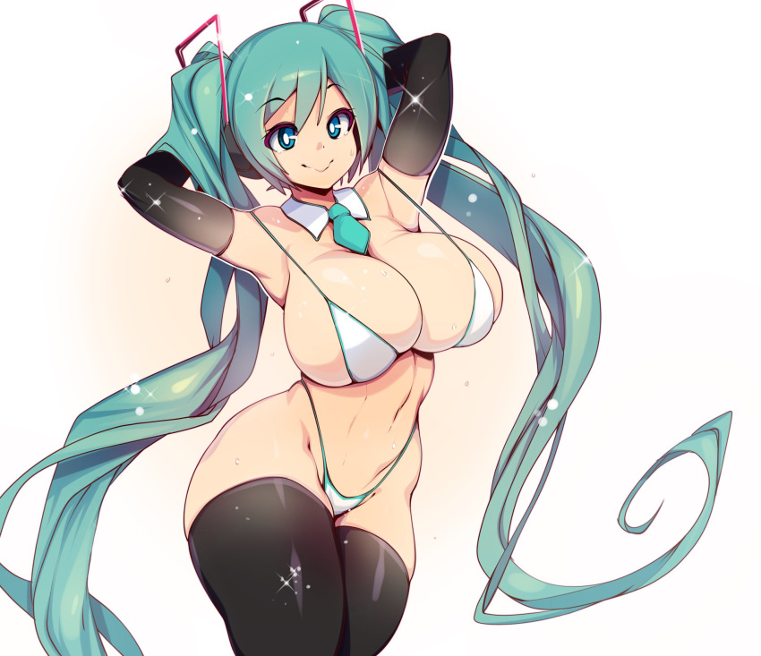 1girl, aqua_eyes, aqua_hair, aqua_neckwear, bikini, black_legwear, breasts, detached_collar