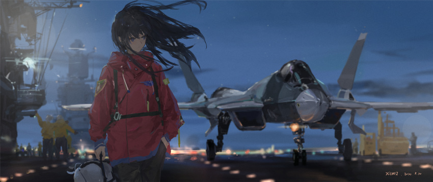 1girl, 2020, aircraft, aircraft_carrier, airplane, artist_name, bangs, black_hair, blue_eyes, blurry, closed_mouth, clouds, commentary, cowboy_shot, dated, depth_of_field, evening, floating_hair, green_pants, hair_between_eyes, hand_in_pocket, highres, holding, jet, long_hair, looking_away, looking_to_the_side, military, military_vehicle, original, outdoors, pants, runway, scenery, ship, sky, solo_focus, standing, su-57, warship, watercraft, wind, xilmo