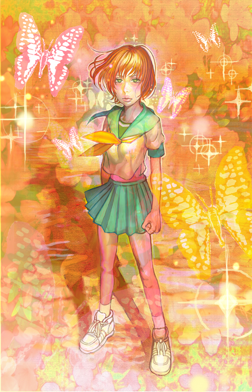 bad_id, butterflies, butterfly, higurashi_no_naku_koro_ni, lights, orange_hair, ryuuguu_rena, school_uniform