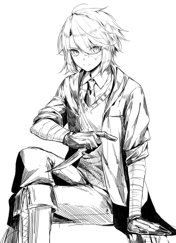 1girl, ahoge, bandaged_arm, bandages, bangs, boots, burn_scar, check_commentary