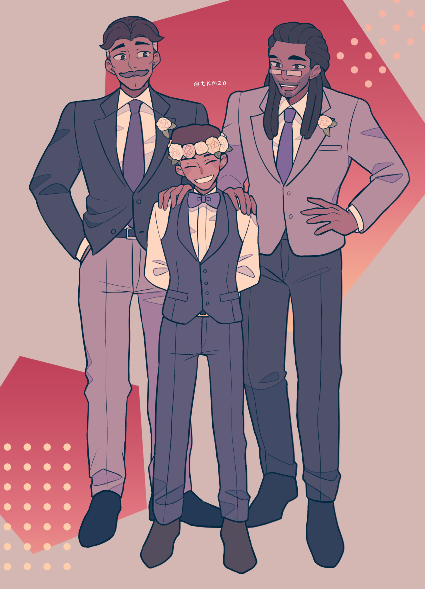 3boys, absurdres, bow_(she-ra), closed_eyes, dark_skin, facial_hair, father_and_son, formal
