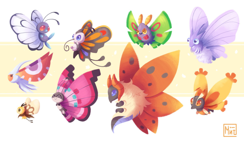 beautifly, black_eyes, blue_eyes, butterfree, closed_mouth, commentary, creature, dustox