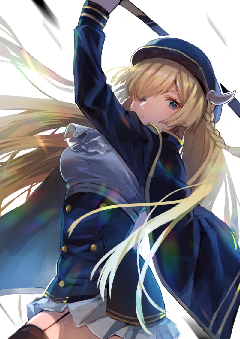 1girl, ascot, azur_lane, black_cape, black_legwear, blue_eyes, blue_headwear, blue_jacket