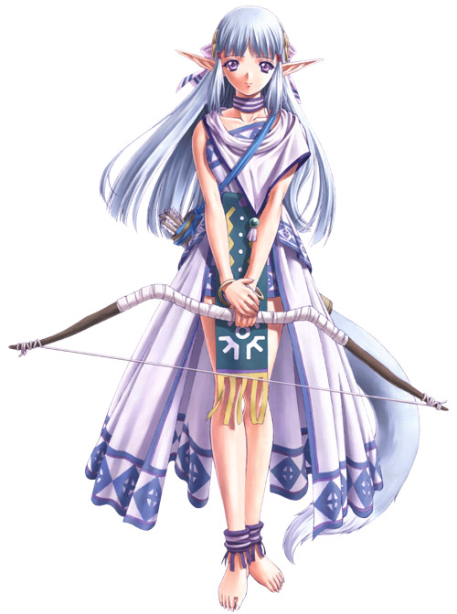 barefoot, blue_eyes, blue_hair, bow_(weapon), choker, falcom, long_hair, official_art