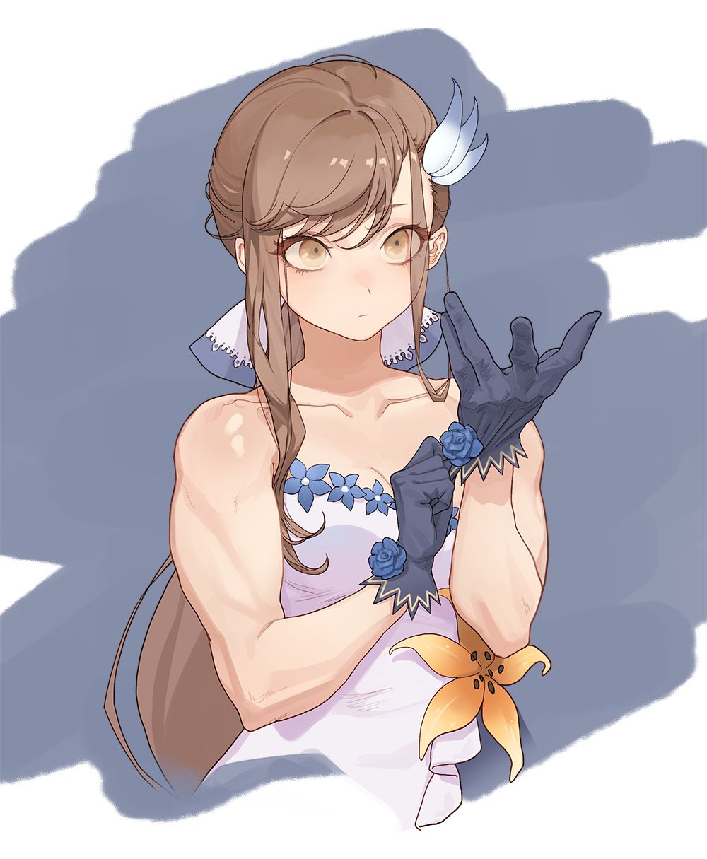 1girl, bangs, blue_gloves, brown_eyes, brown_hair, closed_mouth, collarbone, cropped_torso