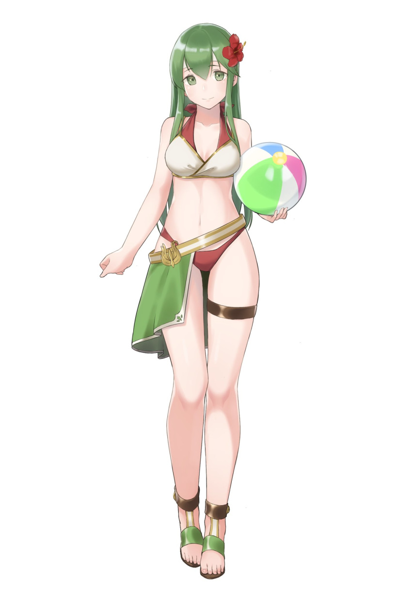 1girl, ball, beachball, bikini, closed_mouth, cute, fire_emblem, fire_emblem:_mystery_of_the_emblem, fire_emblem:_shadow_dragon, fire_emblem_heroes, flower, full_body, green_eyes, green_hair, hair_flower, hair_ornament, headband, highres, holding, intelligent_systems, long_hair, nintendo, palla_(fire_emblem), ruis_bacon, simple_background, smile, solo, summer, swimsuit, thigh_strap, unofficial, white_background, white_headband