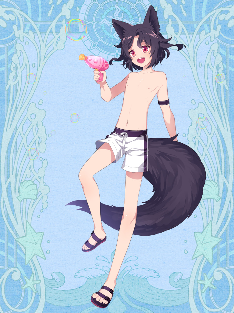 1boy, :d, animal_ears, armband, black_hair, blue_background, bubble, dairoku_youhei