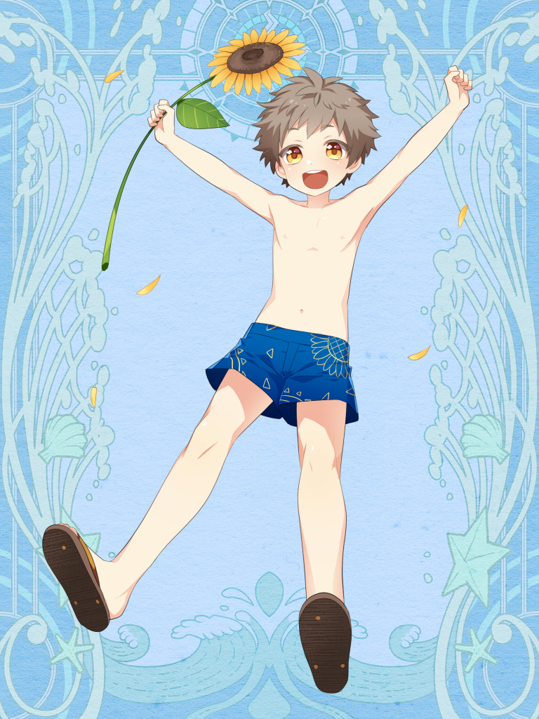 1boy, :d, arms_up, blue_background, brown_eyes, brown_hair, child, clenched_hands
