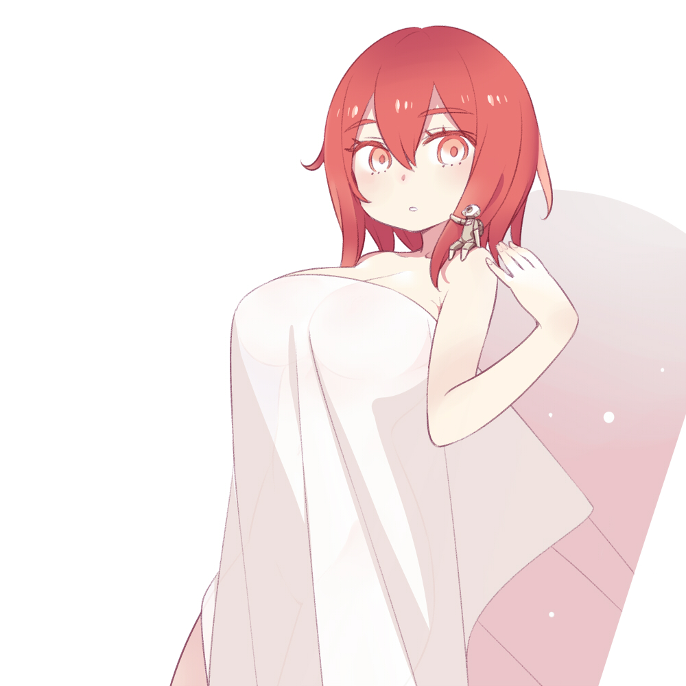 1girl, breasts, chan_co, cowboy_shot, empty_eyes, expressionless, eyebrows_visible_through_hair, hair_between_eyes, large_breasts, naked_sheet, navel, ningyou_no_kuni, parted_lips, redhead, see-through, see-through_silhouette, short_hair, simple_background, solo, white_background