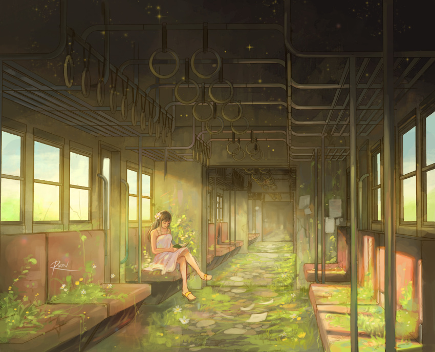 1girl, absurdres, bare_shoulders, book, brown_hair, closed_eyes, cocoro_magical, collarbone, crack, crossed_legs, dress, flower, hair_flower, hair_ornament, highres, holding, holding_book, long_hair, original, paper, plant, raion_rennes, reading, signature, sitting, smile, solo, train_interior, white_dress, white_flower, window