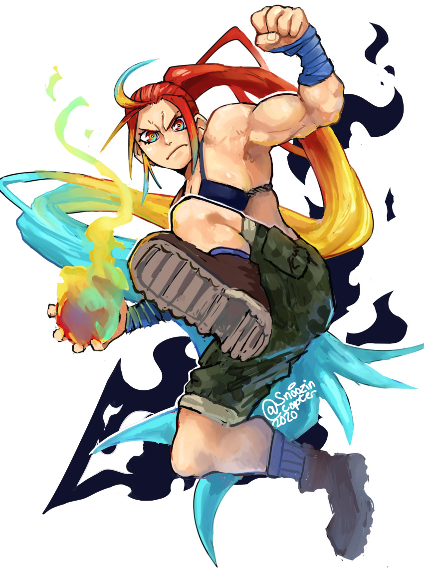 1girl, absurdres, bandaged_arm, bandages, blonde_hair, blue_hair, blue_legwear, boots, brown_footwear, camouflage, closed_mouth, dated, fingernails, fire, highres, holding, light_blue_hair, long_hair, multicolored, multicolored_hair, muscle, muscular_female, orange_hair, original, pants, pants_rolled_up, ponytail, red_eyes, redhead, simple_background, snoozincopter, socks, solo, twitter_username, very_long_hair, white_background