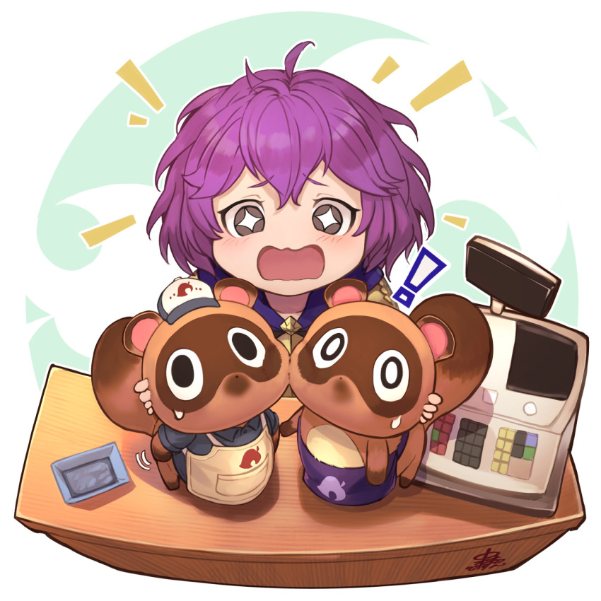 +_+, 1girl, 2boys, animal_crossing, apron, baseball_cap, bernadetta_von_varley, cash_register, crossover, doubutsu_no_mori, fire_emblem, fire_emblem:_three_houses, garreg_mach_monastery_uniform, grey_eyes, hat, highres, human, intelligent_systems, loli, mamekichi_(doubutsu_no_mori), mammal, multiple_boys, nakabayashi_zun, nintendo, nintendo_ead, open_mouth, purple_hair, raccoon, raccoon_dog, short_hair, super_smash_bros., timmy_nook, tommy_nook, tsubukichi_(doubutsu_no_mori), uniform