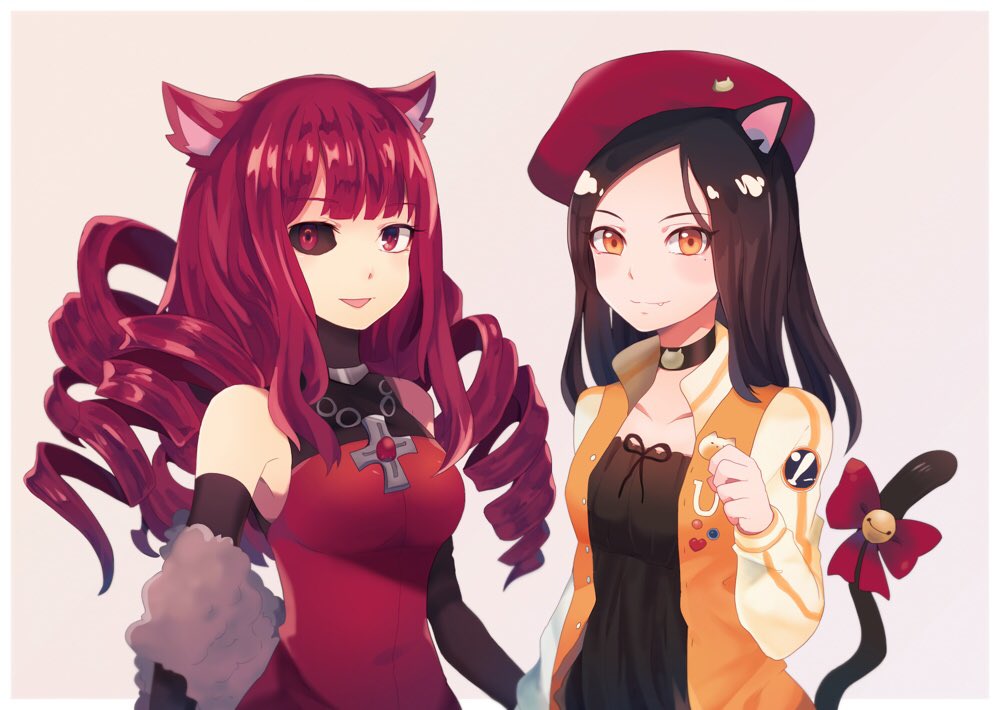2girls, animal_ears, artificial_eye, bell, black_hair, black_sclera, black_shirt, bow