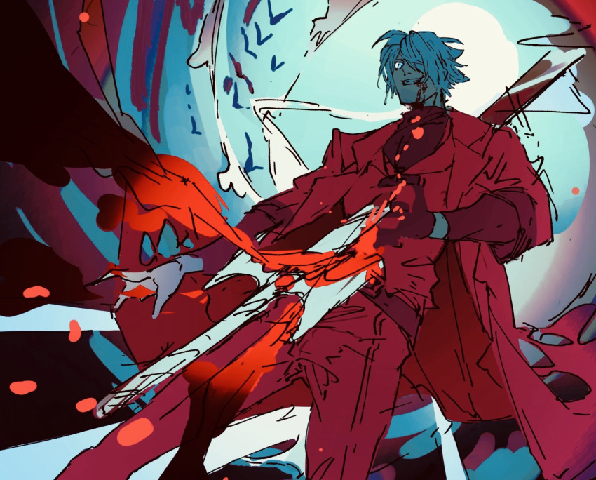 1boy, animal, belt, bird, bleeding, blood, blood_from_mouth, blood_on_face