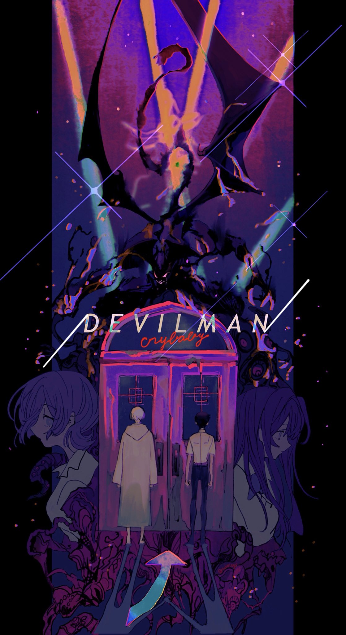 2boys, 2girls, arrow_(symbol), asuka_ryou, belt, black_hair, coat, demon