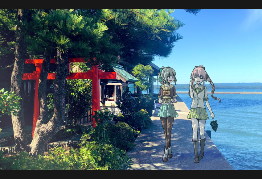 2girls, :d, aqua_skirt, black_footwear, boots, bow, bowtie, buttons