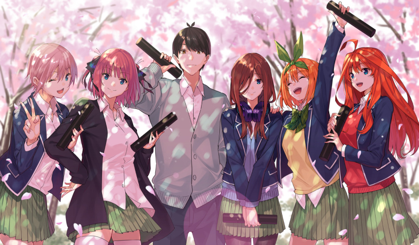 1boy, 5girls, :d, ;d, ^_^, ahoge, antenna_hair, arm_up