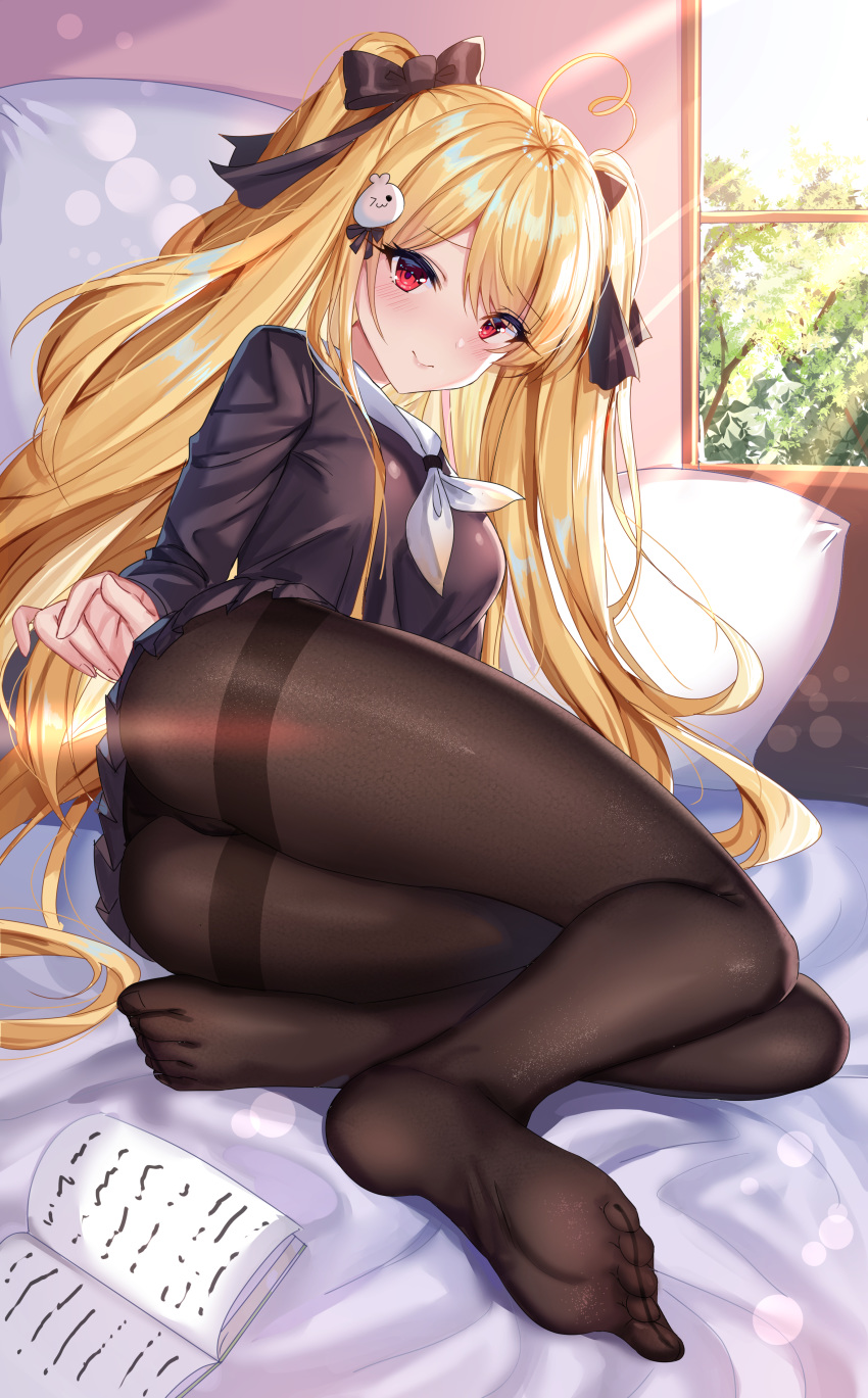 1girl, absurdres, ass, bed, black_legwear, blonde_hair, book, feet, gejigejier, hair_ribbon, highres, long_hair, looking_at_viewer, original, pantyhose, red_eyes, ribbon, school_uniform, serafuku, skirt, soles, solo, thigh-highs, tokisaki_asaba, twintails, window