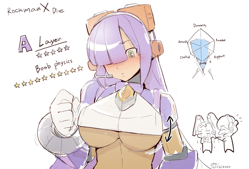 3girls, alia_(rockman), blush, bouncing_breasts, bracelet, breast_envy, breasts, chart