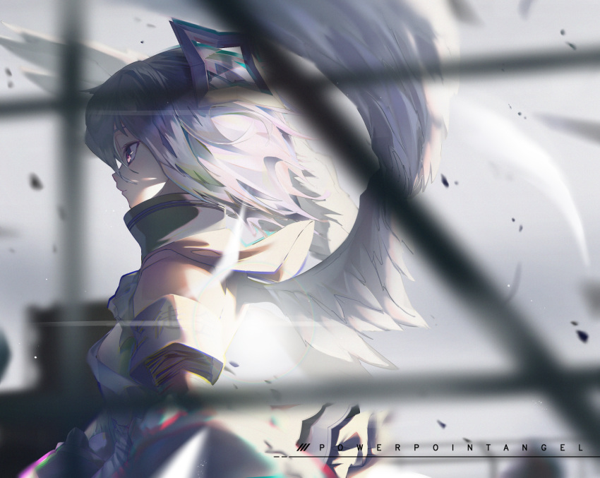 1girl, amane_kanata, angel, angel_wings, blurry, blurry_foreground, closed_mouth, commentary_request