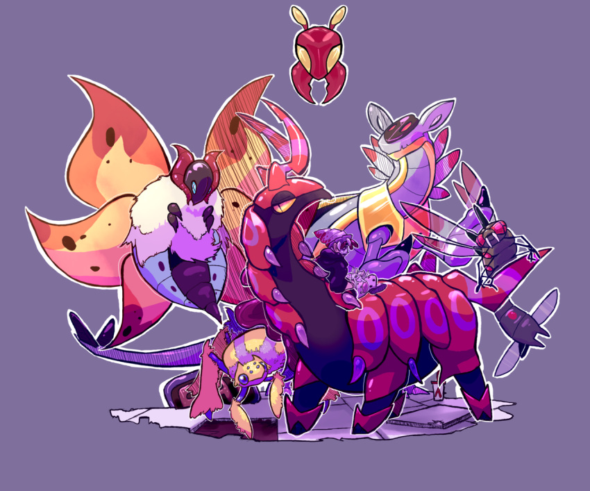 1boy, armaldo, centipedehurts, commentary, creature, english_commentary, full_body, galvantula, gen_3_pokemon, gen_4_pokemon, gen_5_pokemon, grey_background, nincada, on_lap, original, pokemon, pokemon_(creature), pokemon_on_lap, riding, riding_pokemon, scolipede, simple_background, sitting, volcarona, yanmega